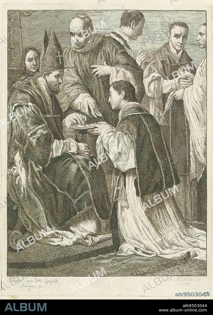 The priestly ordination, Seven sacraments (series title), print maker: Johann Anton Riedel, (mentioned on object), after painting by: Giuseppe Maria Crespi, (mentioned on object), Bologna, 1754, paper, etching, height 304 mm × width 218 mm.