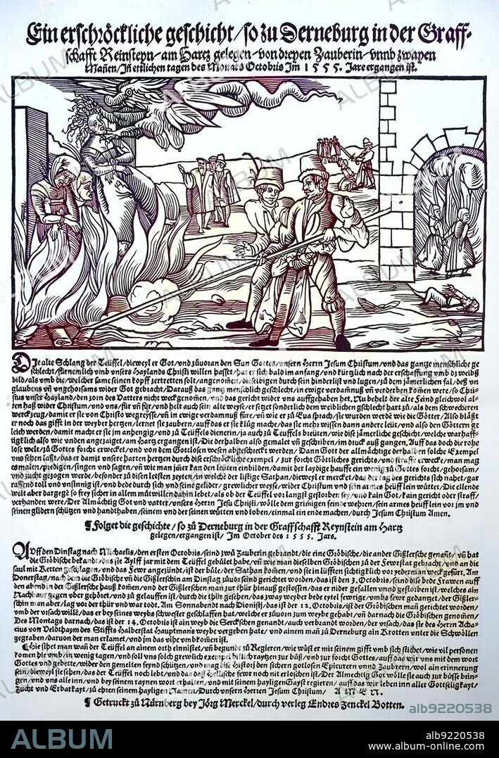 Burning of witches, leaflet from 1555, describing a witch burning in Regenstein am Harz, Germany, Historical, digitally restored reproduction from a 19th century original