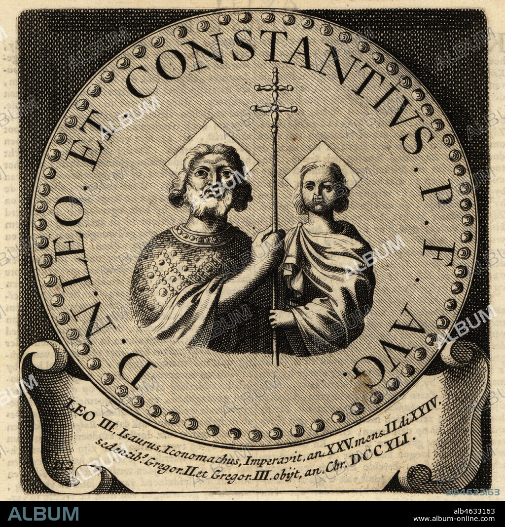 Byzantine Emperor Leo III the Isaurian, Leo III the Syrian, 685-741, and Constantius. Copperplate engraving from Abraham Bogaerts De Roomsche Monarchy, The Roman Monarchy, Francois Salma, Utrecht, 1697.