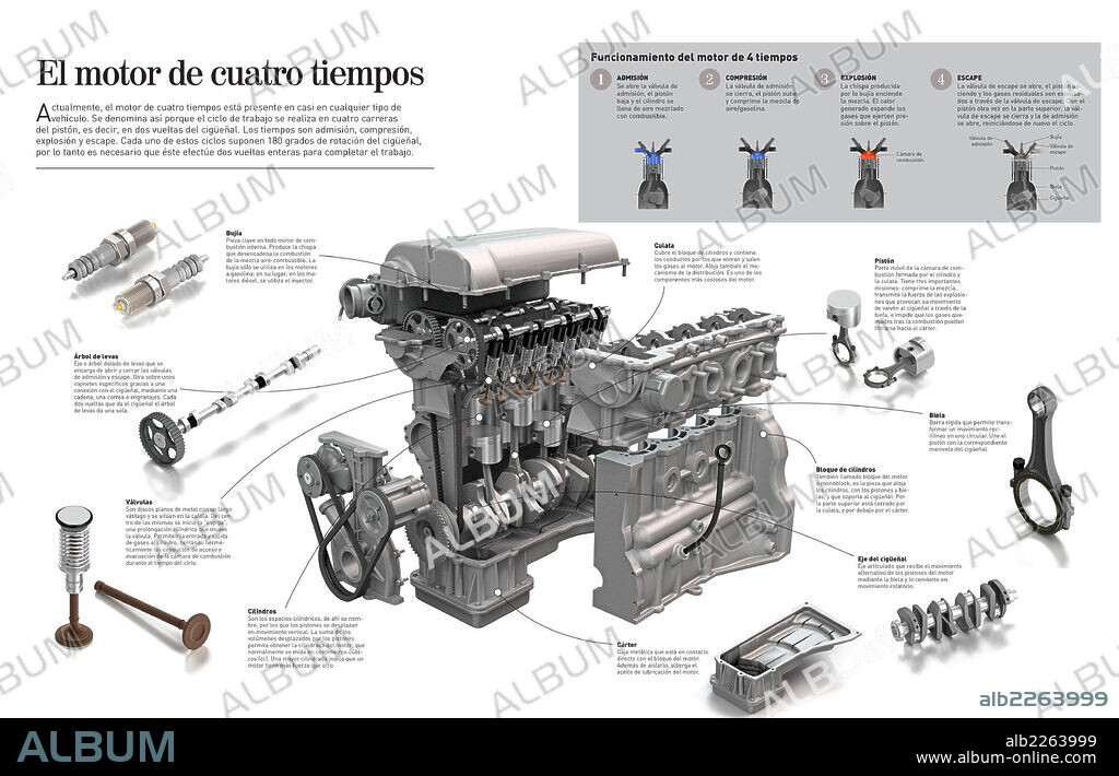El motor de cuatro tiempos. Infografía del motor de cuatro tiempos y de las partes y piezas que lo conforman.