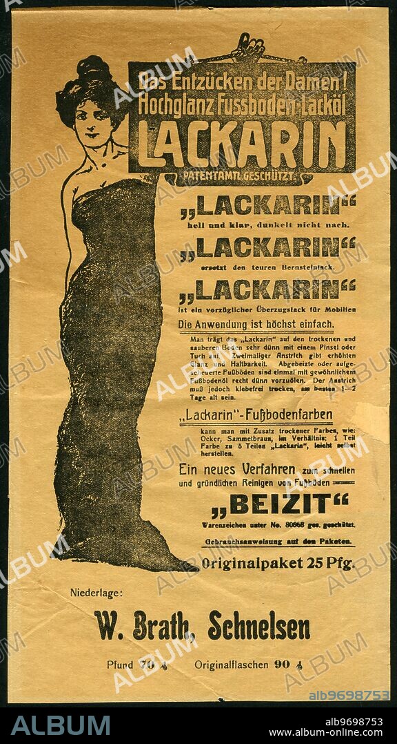 Europe, Germany, Hamburg, Schnelsen, colonial product business W. Brath, he offers floor lacquer " Lackarin " and the floor cleaning thing " Beizit " , an advertising paper, probably from the 1900-1920 .