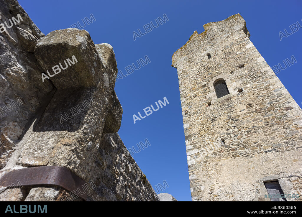 crenellated tower of the walled enclosure from the 14th century, village of Saissac, Aude, Black Mountain region, French Republic, Europe.