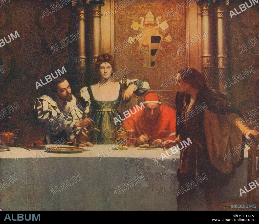 'A Glass of Wine with Caesar Borgia', 1893, (1914). Painting held at the Colchester and Ipswich Museums Service, Ipswich. From King Albert's Book. [The Daily Telegraph, London, 1914].