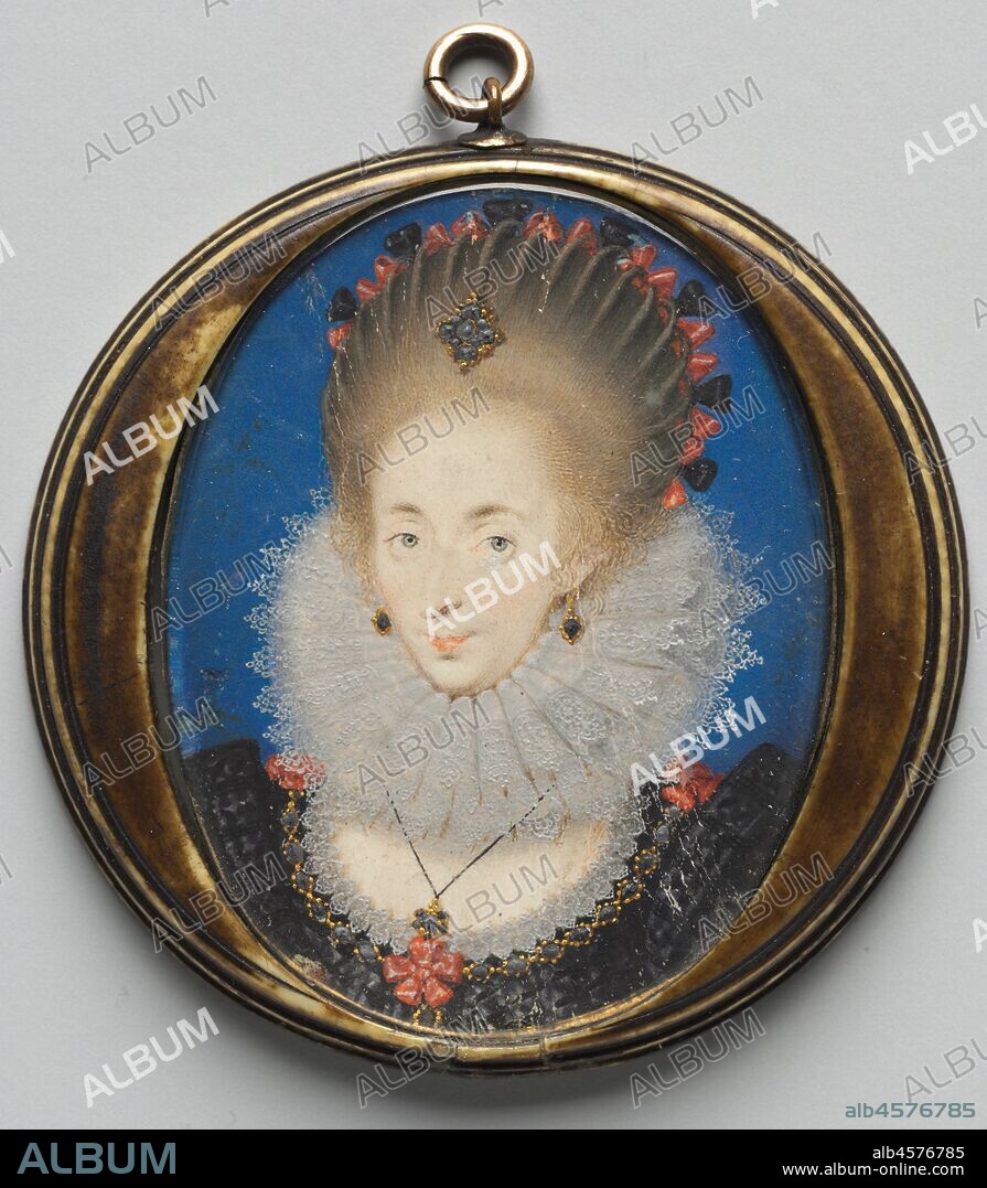 Portrait of Lucy Russell, Countess of Bedford, née Harrington, 1612. Although the identity of the lady is uncertain, she must have been a wealthy woman, judging by her heavy and elaborate jewelry, complete with necklace, chain, earrings, jewel-encrusted dress and a kind of aigrette in her hair. In an age when clothes were assumed to be an accurate indicator of status, it was judged essential to wear your wealth, especially when immortalized in a portrait. Oliver painted the woman's pearl earrings using Nicholas Hilliard's jewelling technique, which involved laying a raised blob of white lead paint with some shadowing to one side. This form was then crowned with a rounded touch of real silver that was burnished with, to quote Hilliard, "a pretty little tooth of some ferret or stoat or other wild little beast." This technique brought the silver to a sparkling highlight, while actual gold is used to paint the pearl's gold setting. Silver tarnishes with age, therefore, the pearl earrings now appear black.