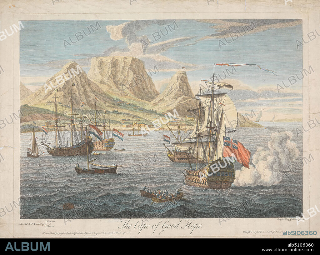 The Cape of Good Hope, Print made by Gerard van der Gucht, 16961776, British, after Samuel Scott, 1701/21772, British, after George Lambert, 17001765, British, undated, Line engraving with hand coloring in watercolor on medium, slightly textured, cream laid paper, Sheet: 19 5/16 × 26 inches (49 × 66 cm), Plate: 17 11/16 × 23 1/2 inches (45 × 59.7 cm), and Image: 15 13/16 × 22 1/2 inches (40.1 × 57.1 cm).