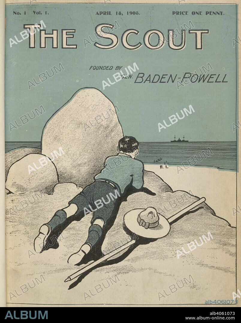 Colour illustrated cover showing a boy scout watching a ship on the horizon. The Scout. London, England: April 18, 1908. Source: The Scout no.1, vol.1.