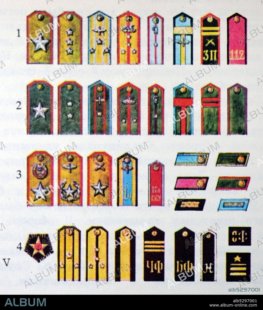 Samples of shoulder badges and ranks of personnel of the Red Army and Navy, introduced by order of the NPO of the USSR in 1943: 1st row - Marshal of the Soviet Union (Introduced January 15, 1943) Colonel-General of Artillery and Tank Troops, Colonel of Aviation, Captain of Armoured troops, junior lieutenant of the medical service, foreman of aviation, junior sergeant of artillery, Red Army soldier. 2nd row (field epaulettes) - Marshal of the Soviet Union, lieutenant general, artillery major, armoured forces lieutenant, junior veterinary service lieutenant, aviation foreman, artillery junior sergeant, infantry Red Army soldier.