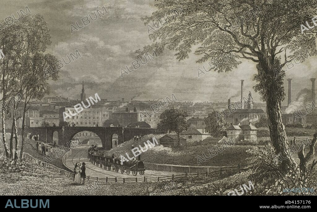 Reino Unido. Inglaterra. Chalf Farm. Puente sobre el ferrocarril de Birmingham. Zona al noroeste de Londres. London & Birmingham Railway (L&BR) fué la primera y principal línea ferroviaria de Londres, así como el proyecto de ingenieria civil más grande jamás llevado a cabo en Inglaterra. Robert Stephenson, hijo de George Stephenson, fué el ingeniero jefe de toda la línea tras su nombramiento en 1833. La ruta de la línea férrea hasta el final de Londres se inspiró en la necesidad de llegar a los muelles. Los pasajeros y otros transportes se descargarían en el sistema de carreteras en Hampsteam road (Chalk Farm Road). Grabado por J. Fusell. "London and its Environs", h. 1840 (Londres y sus Alrededores). Biblioteca Histórico Militar de Barcelona, Cataluña, España.