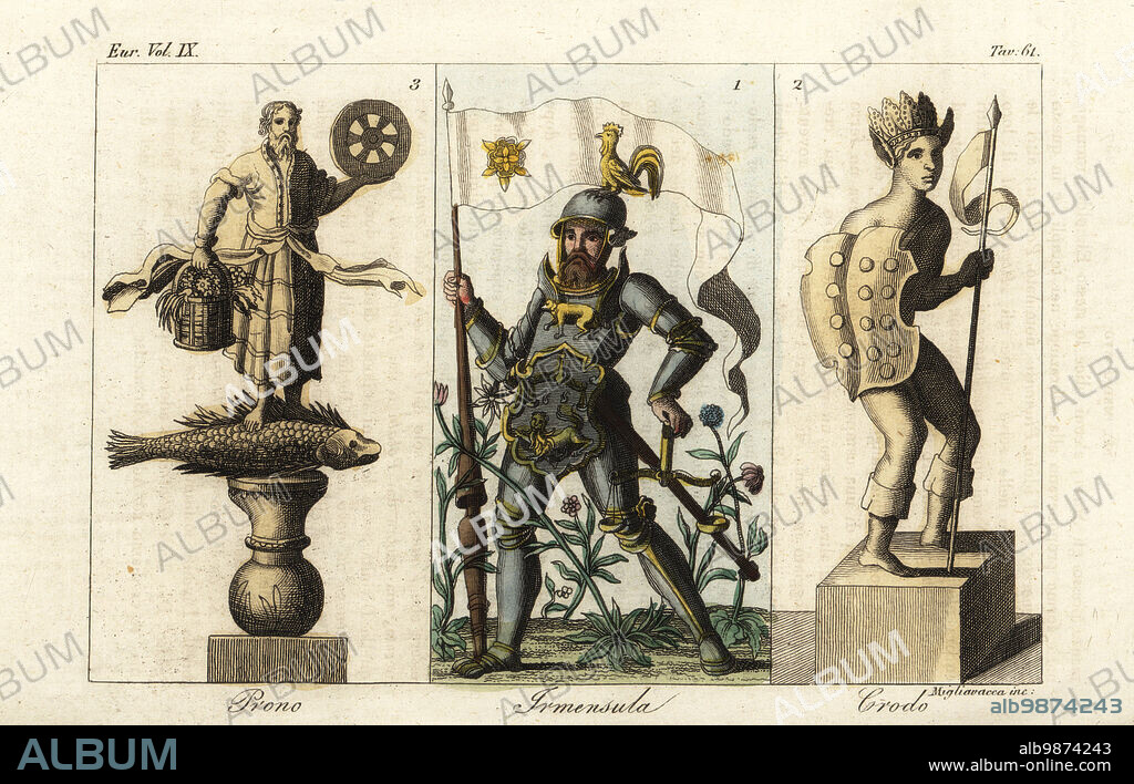 Ancient Germanic deities: Irmensula, god of the Saxons and Westphalians depicted in medieval armour 1, Crodo or Cronus (Saturn) with spear and shield 2, and Prono or Brennus, god of the Germans with wheel and fish 3. Handcoloured copperplate engraving by Migliavacca from Giulio Ferrarios Costumes Ancient and Modern of the Peoples of the World, Il Costume Antico e Moderno, Florence, 1844.