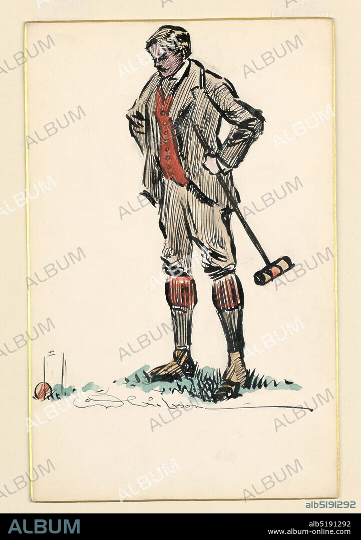 Croquet Player, Charles Dana Gibson, American, 18671944, Pen and black ink, with graphite and watercolor, on paperboard, Young man in knickerbockers standing, hands on hips, before a croquet wicket, and holding the mallet in his left hand., USA, ca. 1900, figures, Drawing, Drawing.