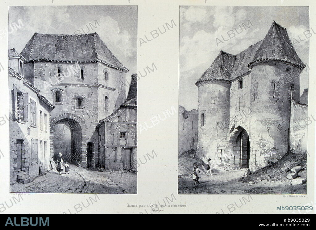 Drawing of the medieval city gates of Joigny is a commune in the Yonne department in Bourgogne-Franche-Comte in north-central France.