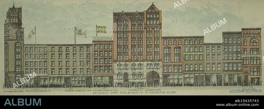 Broadway, West Side. Morris St. to Exchange Alley., 1899, Mail & Express (Firm), Date Issued: 1899, Place: New York, Publisher: Mail & Express, Streets, New York (State), New York, Broadway (New York, N.Y.), New York (N.Y.), Buildings, structures, etc., City streets ablaze, Broadway's lights shine by Exchange, Night's urban pulse.