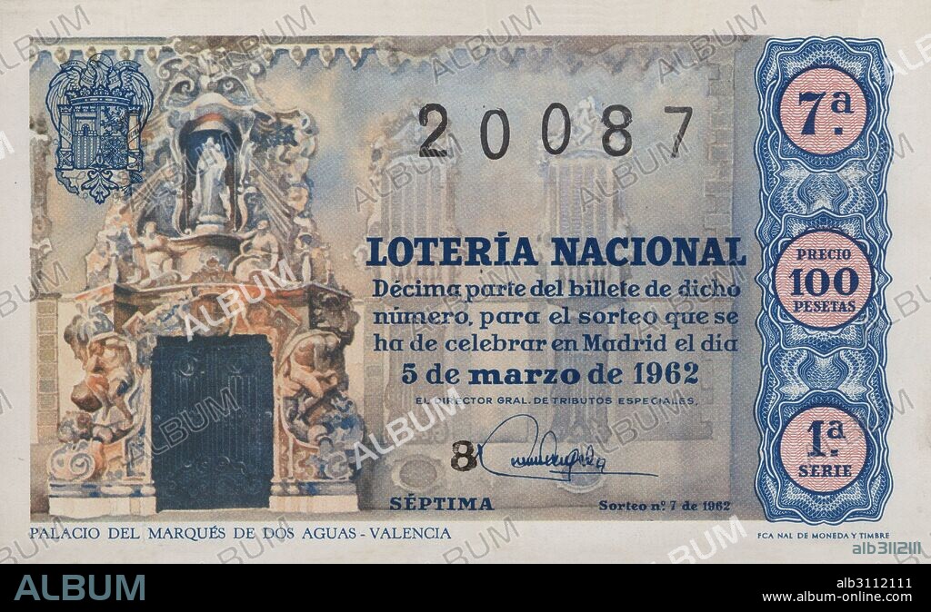 España. Décimo de la Lotería Nacional del sorteo del 5 de marzo de 1962. Palacio del Marqués de Dos Aguas, Valencia.