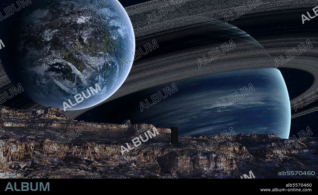 A ringed gas giant is home to several worlds and worldlets. Hommage to 2001.