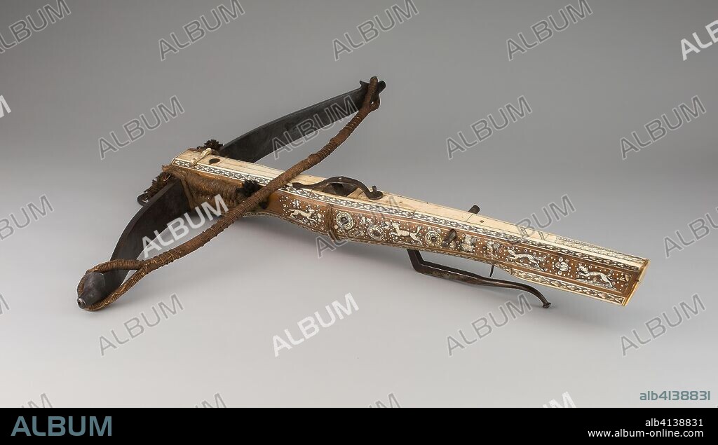 Sporting Crossbow. German. Date: 1625-1650. Dimensions: 11.4 x 69.9 x 71.1 cm (4 1/2 x 27 1/2 x 28 in.)
Wt. 10 lb. 4 oz. Steel, wood, iron, horn, cord, and fiber weave. Origin: Germany.