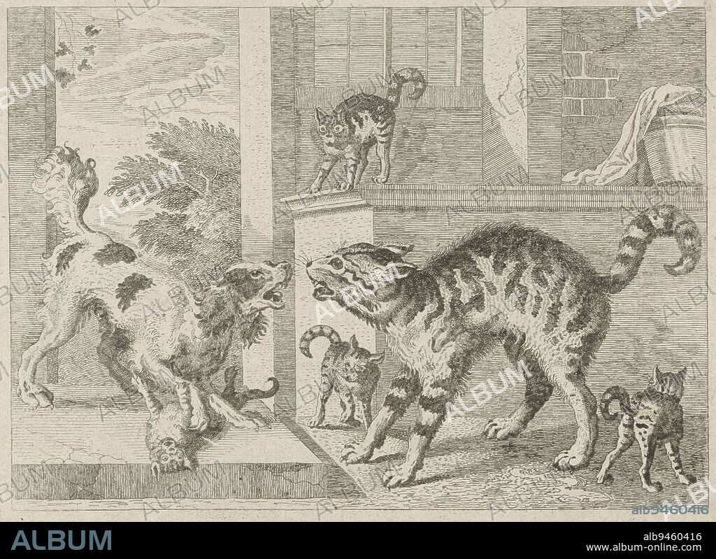 A dog has attacked a young kitten. Its mother comes to the rescue, defending her young by putting up a high back. Around her three other kittens. The print is part of a series with different animals as subjects, Cat defends her young against a dog Different animals , print maker: Jacob Gole, Jan Griffier (I), (possibly), intermediary draughtsman: Francis Barlow, (mentioned on object), Amsterdam, 1680 - 1723, paper, etching, h 138 mm × w 185 mm.