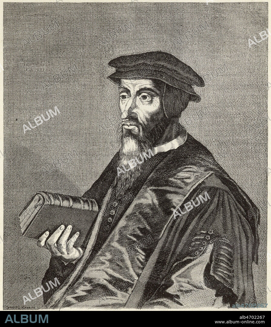 Portrait de Jean CALVIN. (1509-1564) dit de Rotterdam-Bale Gravure 16eme siecle tiree de Iconographie calvinienne par E. Doumergue en 1909. Credit Collection Jonas/Kharbine Tapabor.