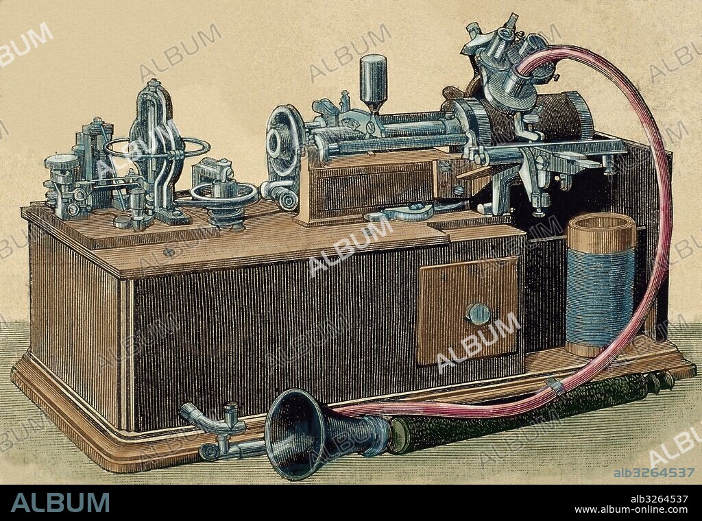 Phonograph invented in 1877 by Thomas Alva Edison (1847-1931).  Engraving, 19th century. Colored.