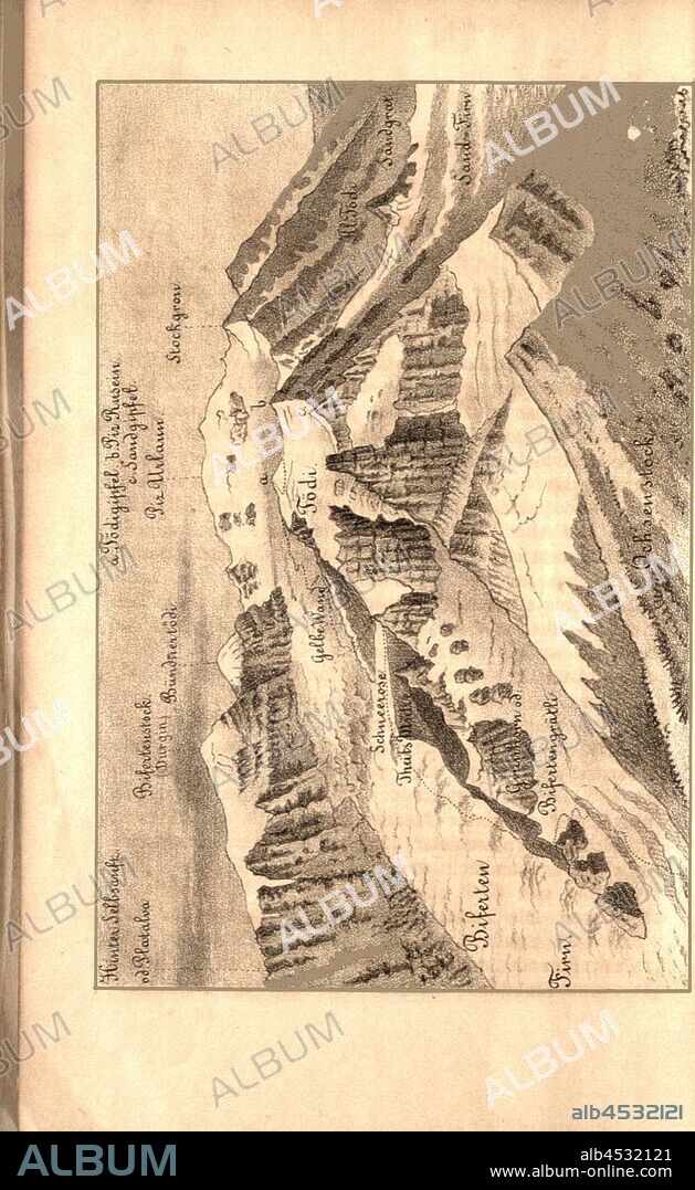 The Tödi, View of the mountain panorama between Hinter Selbsanft and Stockgron, p. 176 200, Gottlieb Studer, Gottlieb Studer, Melchior Ulrich, Johann Jakob Weilenmann: Berg- und Gletscher-Fahrten in den Hochalpen der Schweiz. Zürich: Schulthess, 1859-1863.