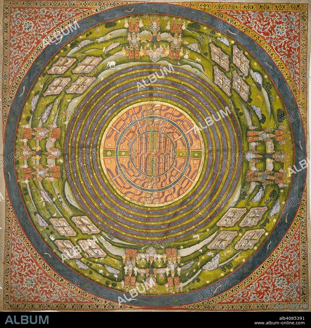 Jain diagram of the universe. c.1822-1830. Jain diagram of the universe (Jambudvipa), shows Mount Meru surrounded by regions arranged in a more concentric manner. In the outer terrestrial region Jain 'Tirthankaras' are being worshipped at hill shrines in four quarters divided by cities. Gouache on cotton cloth.  Originally published/produced in c.1822-1830. . Source: Add.Or.1814,.