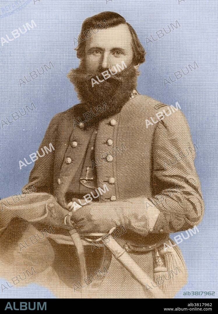 James Ewell Brown Stuart (February 6, 1833 - May 12, 1864) was a US Army officer who became a Confederate States Army general during the American Civil War. While he cultivated a cavalier image (red-lined gray cape, yellow sash, hat cocked to the side with an ostrich plume, red flower in his lapel, often sporting cologne), he was the trusted eyes and ears of Lee's army. He graduated from West Point in 1854 and served in with the US Army, a veteran of the frontier conflicts with Native Americans and the violence of Bleeding Kansas. He participated in the capture of John Brown at Harpers Ferry. His most famous campaign, Gettysburg, was marred when he was surprised by a Union cavalry attack at the Battle of Brandy Station and by his separation from Lee's army, leaving Lee unaware of Union troop movements and contributing to the Confederate defeat at the Battle of Gettysburg. During the 1864 Overland Campaign, he was mortally wounded at the Battle of Yellow Tavern and died on May 12, 1864, at the age of 31. His widowed wife wore black for the rest of her life in remembrance of her deceased husband.