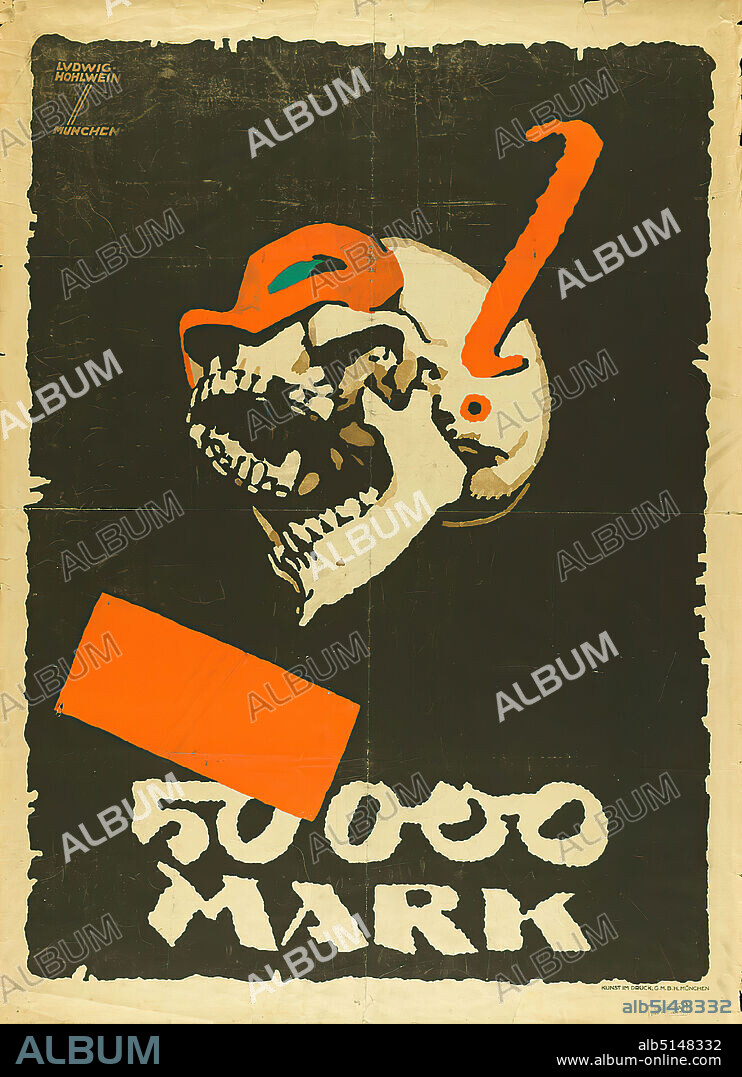 Kunst im Druck, Ludwig Hohlwein, 50 000 Mark, paper, lithography, Total: Height: 124.8 cm; Width: 90.8 cm, signed and inscribed: top left in the printing forme: LUDWIG HOHLWEIN, MUNICH, Stamp, Genehmigt./Das Polizeiamt, Film posters, skull, This poster is apparently a rare film poster for the feature film Der Totenkopf - 50 000 Mark Prämienfilm (Germany, 1920) by director Atto Retti-Marsani (1892-1961). During the Weimar Republic, not only the films themselves, but also posters and other advertising material had to be submitted to the film inspection authorities for approval. The original stamp in the lower right corner still bears witness to this today: Approved/The police office. (IB).