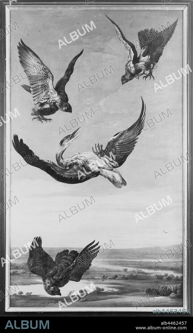 School of Frans Snyders, Two Falcons and a Goshawk Attacking on Heron, Heron and Hunting Falcon, painting, oil on canvas, Height, 232 cm (91.3 inches), Width, 132 cm (51.9 inches).