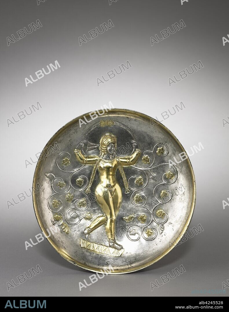 Dish: The Goddess Anahita, 400-600. Iran, Sasanian, 5th-6th Century. Silver gilt; overall: 4.6 x 21.6 cm (1 13/16 x 8 1/2 in.).