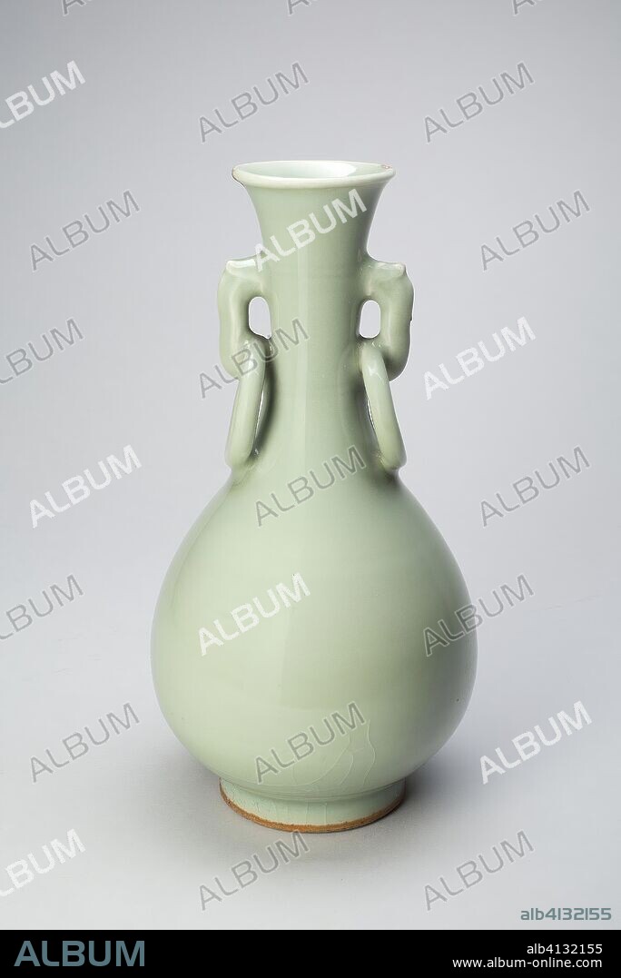 Pear-Shaped Vase with Dragon-Head Ring Handles. China. Date: 1300-1368. Dimensions: H. 27.3 cm (10 3/4 in.); 14.1 cm (5 9/16 in.). Longquan ware; stoneware with molded decoration. Origin: China.