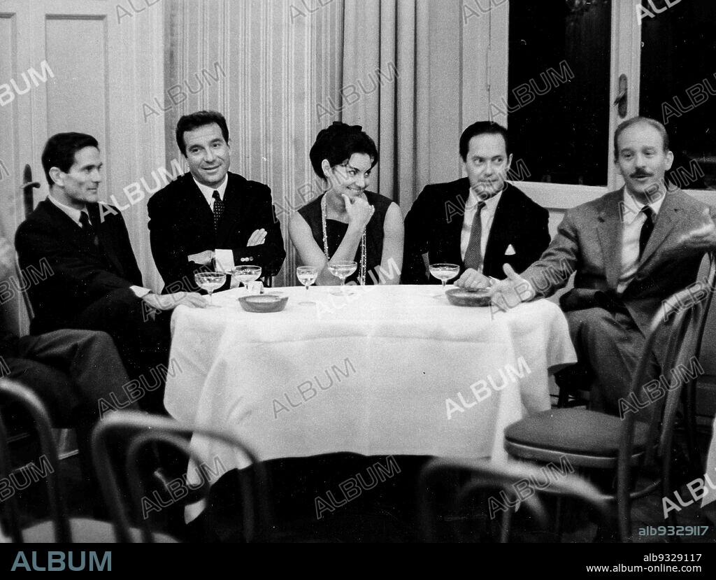 Pier Paolo Pasolini, Ugo Tognazzi, Rosanna Schiaffino, Ugo Gregoretti and Alfredo Bini, 1963.