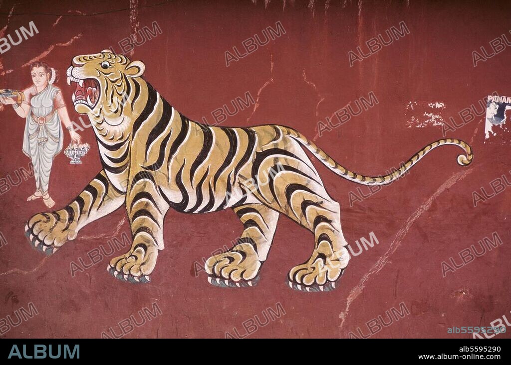 Indische volkstümliche Malerei, 20. Jahrhundert.-Königstiger (Indischer Tiger / Panthera tigris tigris). / Malerei an einer Hauswand in Orissa ( Ost-Indien). Foto, undatiert.
