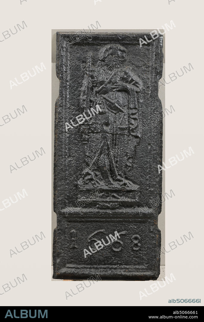 stove plate, Anonymous, 1668, cast, General: 58 x 25 x 2cm 580 x 250 x 20mm, allegory, woman, Iron stove plate with the allegorical representation of Justice. Depicted is Lady Justice, fully depicted right from the front, with a sword in one hand and a scales in the other. Under this depiction is the year 1668. The stove plate is rectangular, 1883.