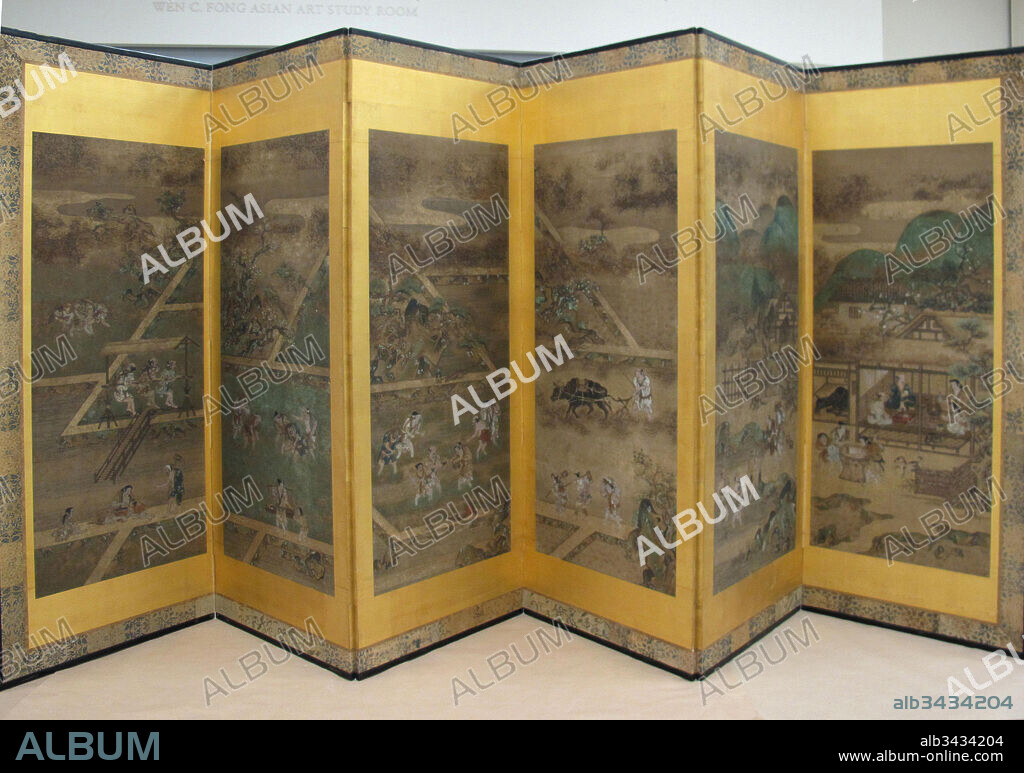 Farmers' Lives in the Twelve Months, ????????, Edo period (1615–1868), late 17th–early 18th century, Japan, Pair of six-panel folding screens; ink and color on paper, Image (each screen): 48 7/8 x 120 11/16 in. (124.2 x 306.6 cm), Screens, Rice continues to be the main staple of Japanese diet. During the Edo period, rice production became especially significant: feudal lords (daimyo) measured their wealth by it and peasants were required to pay taxes with it.