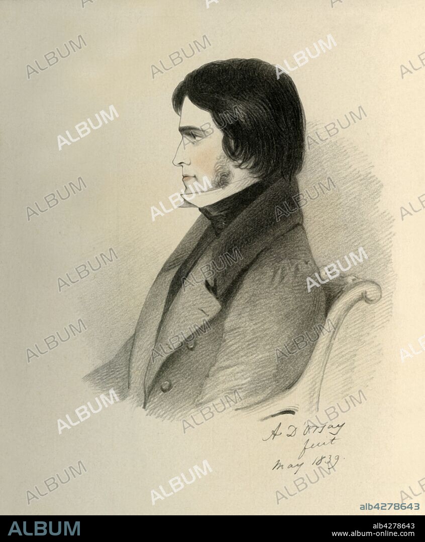 RICHARD JAMES LANE. 'Thomas Carlyle Esquire', 1839. Portrait of Scottish historian and essayist Thomas Carlyle (1795-1881). Carlyle wrote a history of the French Revolution which gained him popular as well as academic fame when it was published in 1837. He also wrote "The Chartist" in 1840, a book opposing conventional economic thinking. From "Portraits by Count D'Orsay", an album assembled by Lady Georgiana Codrington. [1850s].