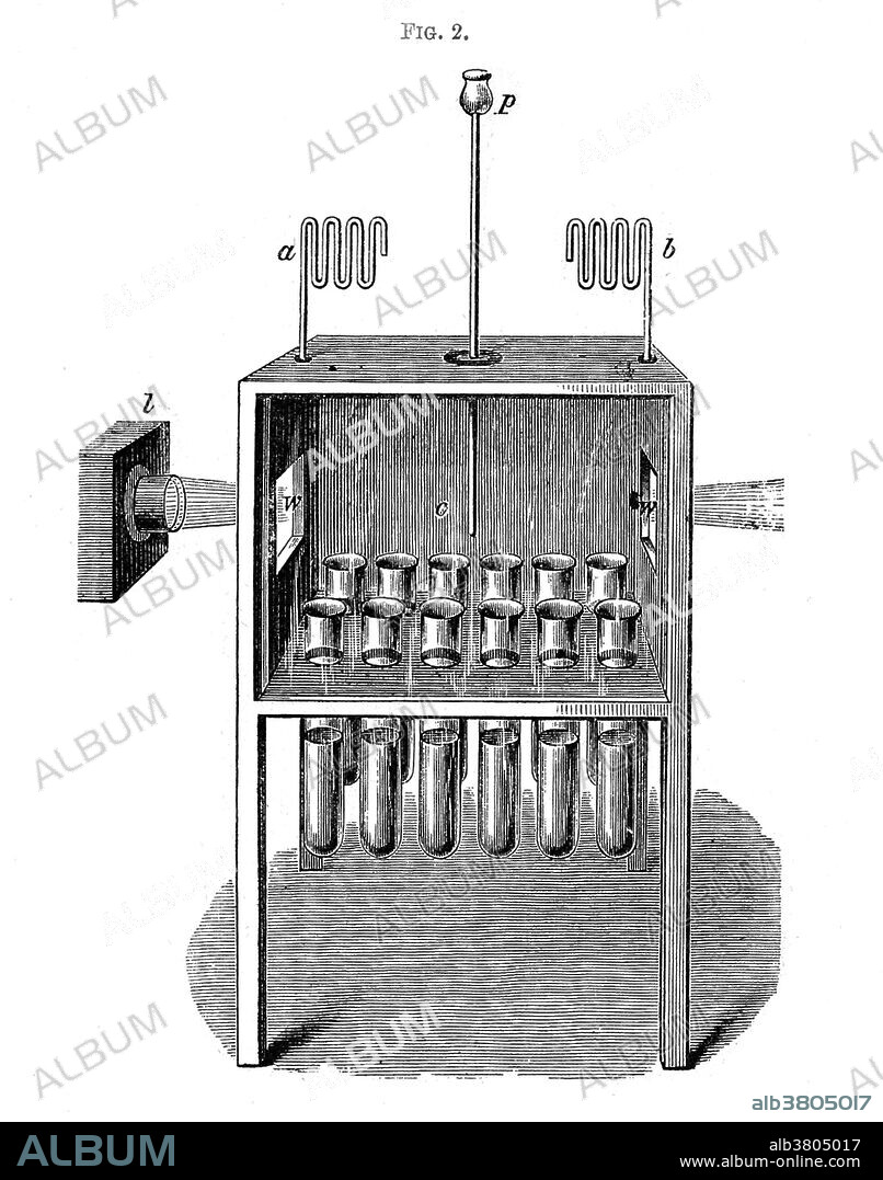 Chamber constructed by Faraday for his experiments. Michael Faraday (1791-1867) was an English chemist and physicist who contributed to the fields of electromagnetism and electrochemistry. Faraday experimented with electricity and magnetism, proposing that magnetism was a circular force. He is also known for discovering magnetic optical rotation, electromagnetic induction, inventing the dynamo, perfecting the Bunsen burner, and formulating the second law of electrolysis. Author of "Chemical Manipulation", Faraday was self-trained and contributed to the fields of electromagnetism and electrochemistry after an apprenticeship in Sir Humphrey Davy's lab. The farad (F) is named after him. As a chemist, Faraday discovered benzene, investigated the clathrate hydrate of chlorine, invented an early form of the Bunsen burner and the system of oxidation numbers, and popularized terminology such as anode, cathode, electrode, and ion.
