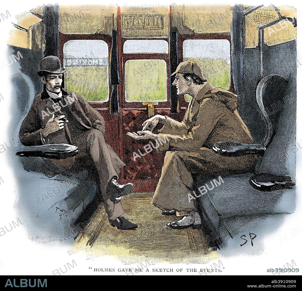 The Adventure of Silver Blaze:  'Holmes gave me a sketch of the events'.  Sherlock Holmes and Dr Watson on train to Devon to investigate a murder and the disappearance of a famous racehorse.  Arthur Conan Doyle's story published in The Strand Magazine. (Colorised black and white print).