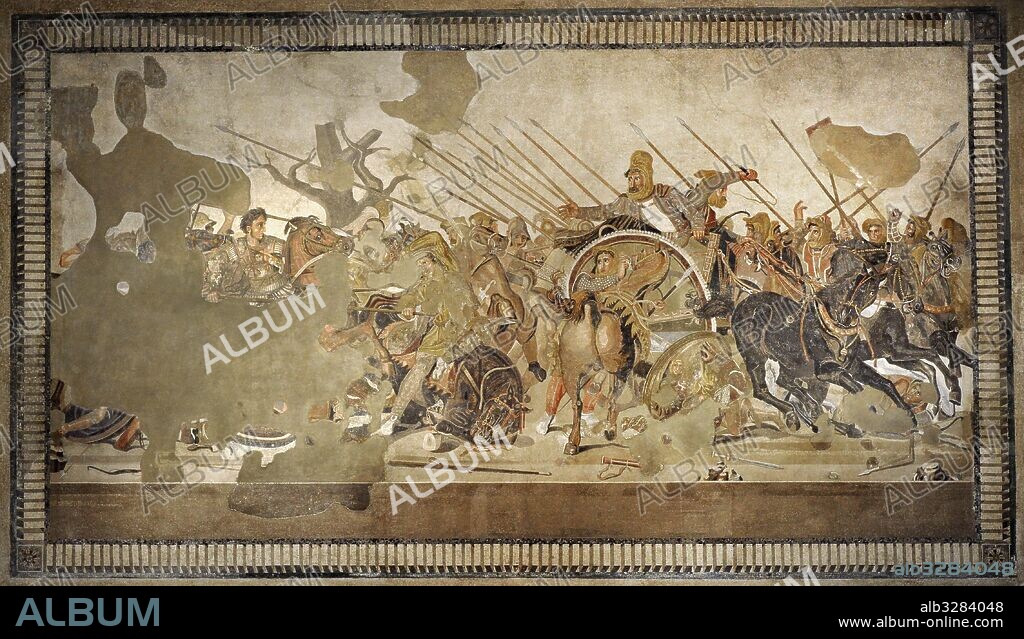 Alexander Mosaic. Battle of Issus (333 B.C.). Battle between Alexander the Great and the Achaemenid Empire, Darius III. Mosaic. Pompei, Casa del Fauno (VI, 12, 2). 2nd century AD. National Archaeological Museum, Naples. Italy.