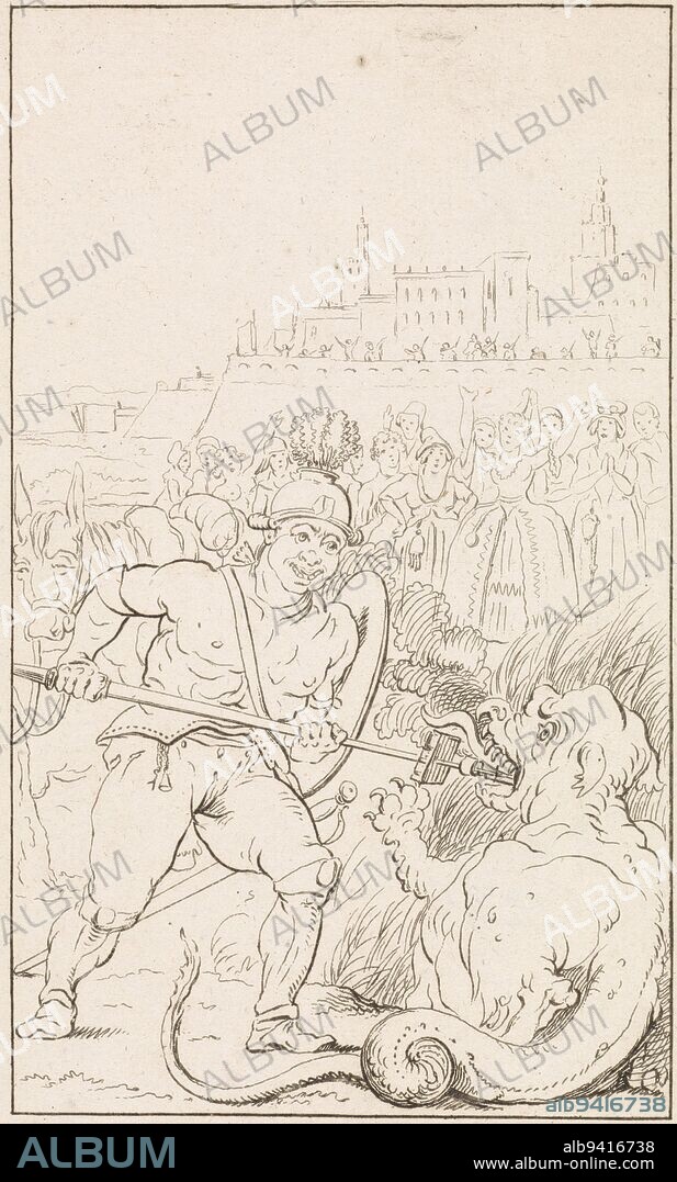 A man thrusting a spear into the mouth of a dragon. In the background women with their arms raised in the air. Top right: Pl. II. Bottom right: Page 71., Man stabs a dragon (...). and stabbed there the Dragon (...) flat mêe in his waffle , print maker: Daniël Veelwaard (I), intermediary draughtsman: Jacob Smies, publisher: François Bohn, Haarlem, 1802 - 1809, paper, etching, h 198 mm × w 118 mm.