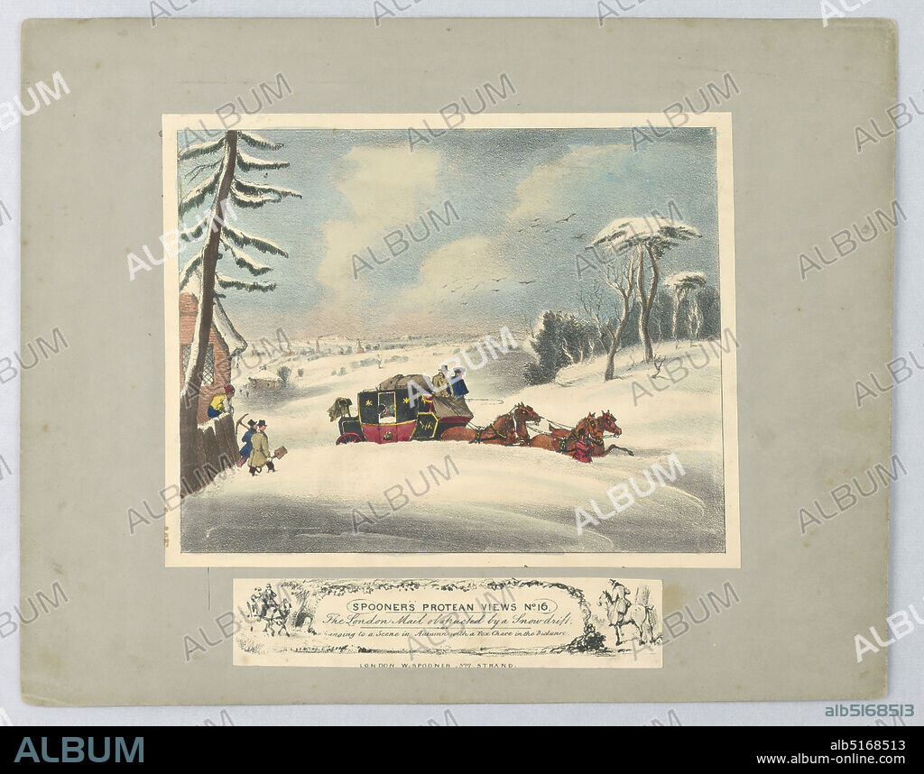 Optical TOy: 'The London Mail Obstructed by a Snowdrift' (Spooner's Protean Views, no. 16), William Spooner, England, active 1830 1854, Lithograph, brush and watercolor on paper, mounted, View of a stagecoach making its way up a hill through heavy snow. When held to the light the scene is in autumn with a fox hunt taking place in the distance. Below, title and: 'Changing to a Scene in Autum with a Fox chase [sic] in the Distance'. Below, publisher's name., London, England, ca. 1838, Print, Print.