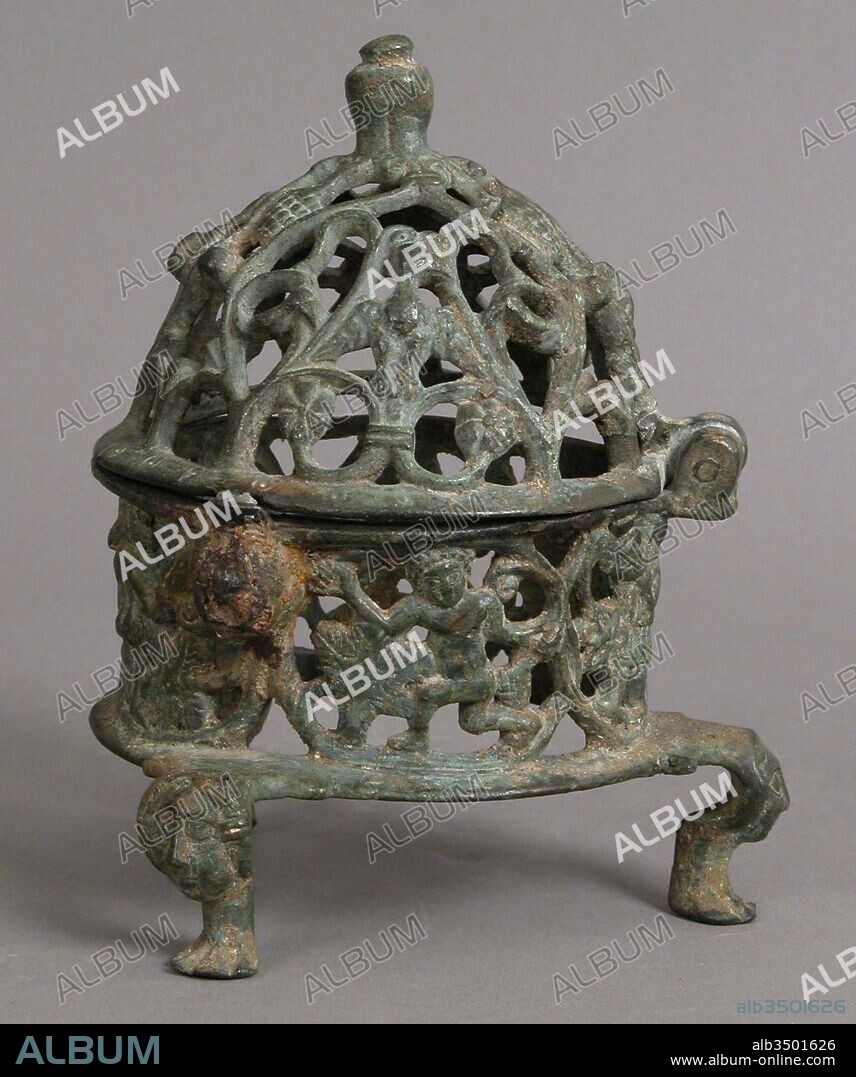 Censer Frame with Inhabited Vine Scroll, 6th century, Made in Syria, Byzantine, Copper alloy, Overall: 6 5/8 x 5 3/8 in. (16.8 x 13.7 cm), Metalwork-Copper alloy, The cavorting putti in the vine scroll represent the good life and may be associated with the retinue of Dionysos, the classical god of wine. Fragrant incense would have been burned on hot coals in the lost liner.