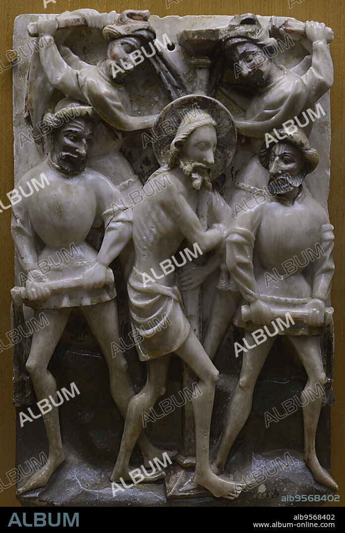 NOTTINGHAM WORKSHOPS. Relieve con la representación de una escena de la Pasión de Cristo, siglo XV. Flagelación de Cristo. Alabastro. Procedente de talleres de Nottingham (Inglaterra). Museo Arqueológico do Carmo. Lisboa. Portugal.