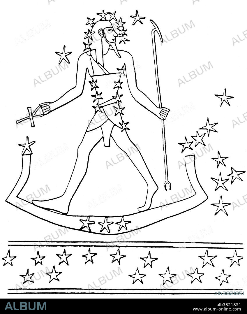 Osiris-Orion travels across the sky on the sacred boat (stars of Lepus). From a star map in the tomb of Montemhet at Luxor, circa 650 BC. The stars of Orion were associated with Osiris, the sun-god of rebirth and afterlife, by the ancient Egyptians. Orion is a prominent constellation located on the celestial equator and visible throughout the world. It is one of the most conspicuous and most recognizable constellations in the night sky. Orion was one of the 48 constellations listed by the 2nd century astronomer Ptolemy, and it remains one of the 88 modern constellations defined by the International Astronomical Union. The stars of Orion were associated with Osiris, the sun god of rebirth and afterlife, by the ancient Egyptians. In artistic renderings, the surrounding constellations are sometimes related to Orion: he is depicted standing next to the river Eridanus with his two hunting dogs Canis Major and Canis Minor, fighting Taurus. Lepus is to the south, Monoceros to the east, and Gemini to the northeast. He also sometimes is depicted to have a lion's hide in his hand.