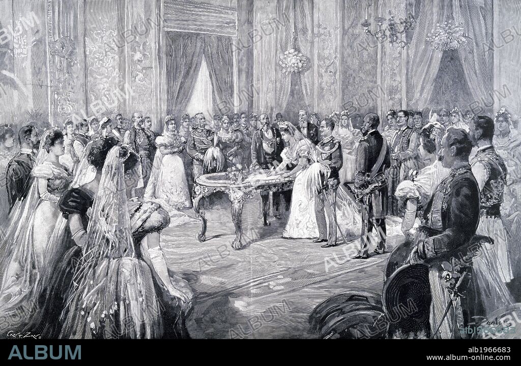 Civil wedding of King Victor Emmanuel III and Elena of Montenegro in 1896, from Italian Illustration. Italy, 19th century.