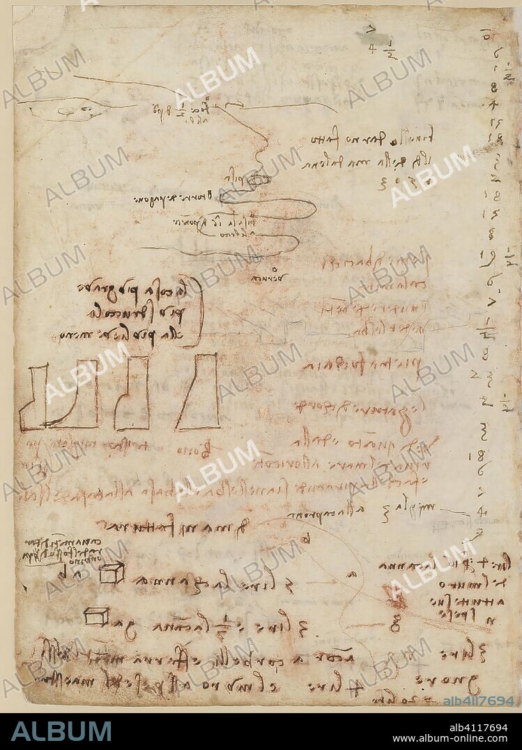 LEONARDO DA VINCI. Folio f 1v. Codex Madrid II (Ms. 8936) "Treaty of fortification, statics and geometry". 158 folios with 316 pages. Internal format: 210 x 145 mm. STUDIES AROUND THE ARNO. MILITARY ENGINEERING, FORTIFICATIONS. APPLIED MECHANICS (COMPONENTS). UNITS OF WEIGHT AND MEASURES. PRINCIPLES OF MECHANICS, CINEMATICS, DYNAMICS. MATH OPERATIONS, ACCOUNTING NOTES. TOPOGRAPHIC REFERENCES.
