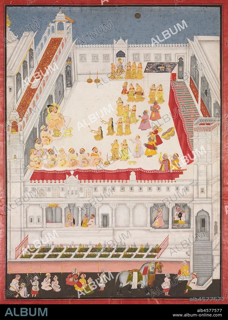 Maharana Jagat Singh Attending the Raslila, 1736. To celebrate the New Year festival of Diwali, dancers reenact the life story of the Hindu god Krishna in a palace courtyard by candlelight under the full moon. The king, a vassal of the Mughal emperor, sits with the halo of divine sanction for his rule at the left of the courtyard, smoking from a golden goat-shaped hookah, with his young son and heir at his side. At the top of the composition, a dancer dressed in blue with a peacock-feather crown plays the part of Krishna. In the upper right corner, a canopy painted with swirling storm clouds stands for the rainstorm sent by the jealous king of the gods, who is shown in the middle of the canopy with his consort and mount, the elephant with seven trunks. Guards and grooms in the foreground entertain themselves with music while they wait with the horses of visiting nobles. The formal geometric gardens, playful use of perspective, and individualized portraiture indicate the selective adoption of the styles and sensibilities of the imperial Mughal court in the paintings from this large-format series.