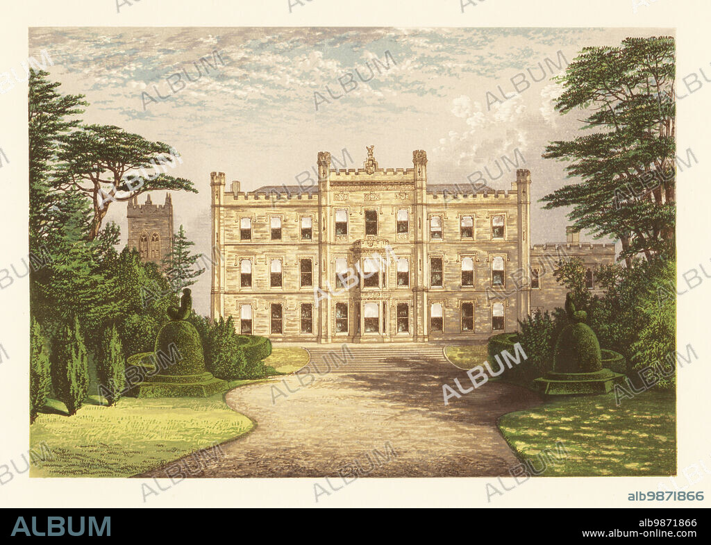 Elvaston Castle, Derbyshire, England. Gothic-Revival style house built by Robert Walker and designed by James Wyatt in the Regency era, with gardens designed by William Barron for Charles Stanhope, 3rd Earl of Harrington. Colour woodblock by Benjamin Fawcett in the Baxter process of an illustration by Alexander Francis Lydon from Reverend Francis Orpen Morriss Picturesque Views of the Seats of Noblemen and Gentlemen of Great Britain and Ireland, William Mackenzie, London, 1880.