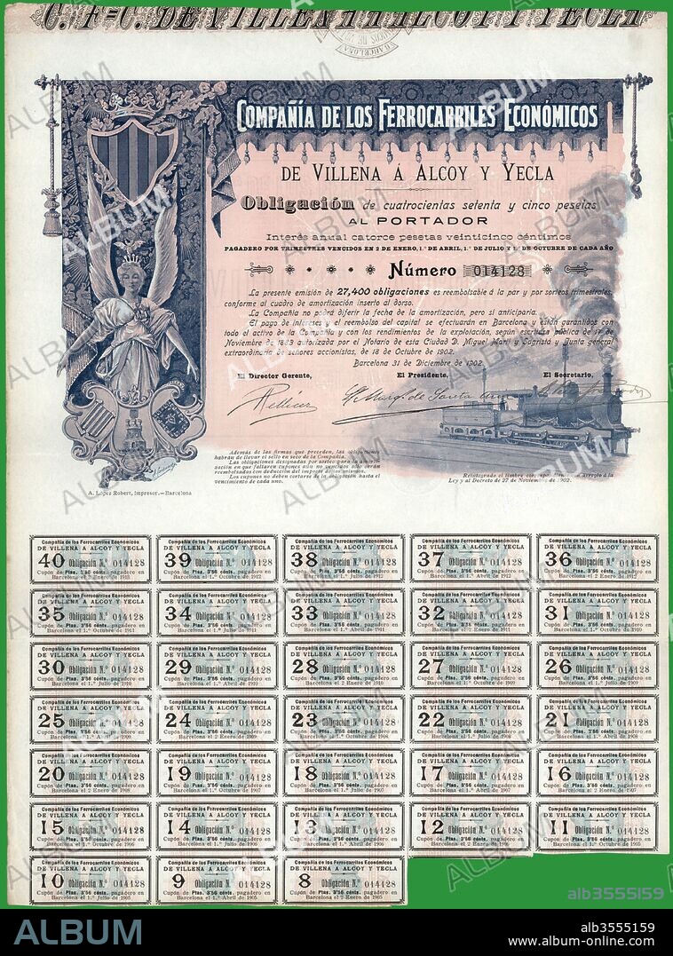 Obligación de la Compañía de los Ferrocarriles Económicos de Villena a Alcoy y Yecla S.A. de 475 pesetas. Año 1902.