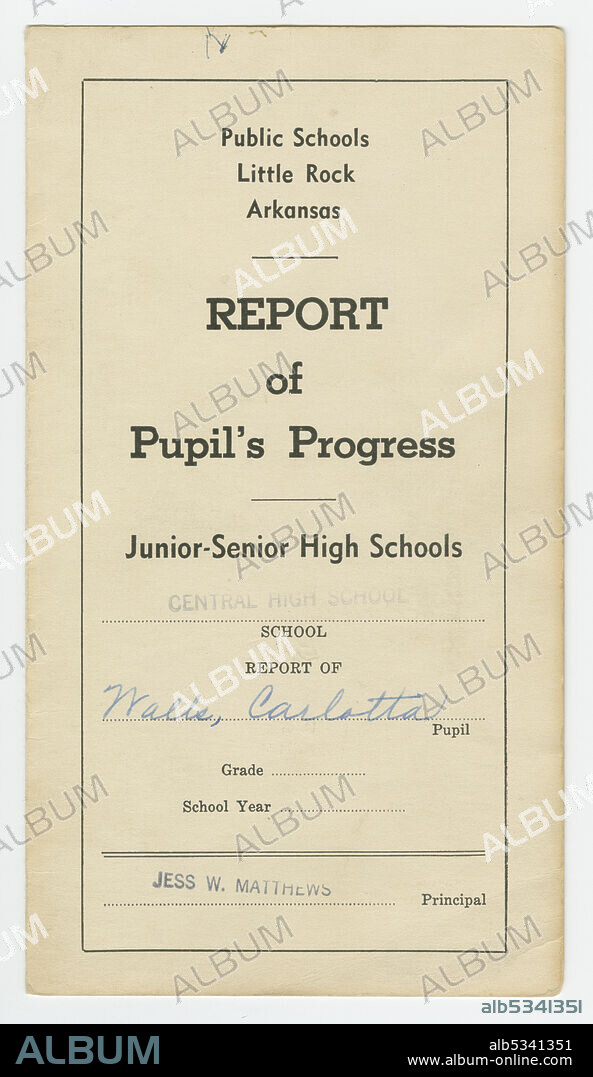 Carlotta Walls LaNier was the youngest of the nine African-American students ever to attend classes at Little Rock Central High School in September 1957. In 1954 the U.S. Supreme Court had ruled that racial segregation of public schools was unconstitutional. The report consists of a pre-printed form on a folded card. The form has been filled out in a combination of handwritten blue ink, handwritten graphite, and stamped black ink. The front of the card reads [ REPORT / of / Pupil's Progress ].