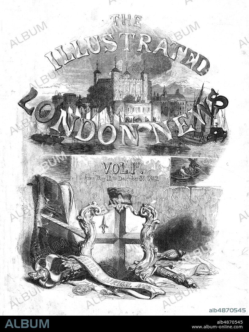 The Illustrated London News, from May 14 to December 31, 1842. The Tower of London and coat of arms. From "Illustrated London News", 1844, Vol I.