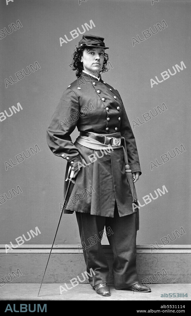 Pauline Cushman (1833-1893), American Actress and Spy for Union Army during American Civil War, full-length Portrait wearing Military Uniform, Mathew Brady Studio, 1864.
